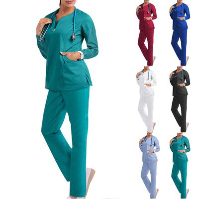 Damen Langarm V-Ausschnitt Einfarbig Brusttasche Arbeits-Oberteil Elastische Taille Hose Zweiteiliges Arbeitsset, 3 Taschen, Kasacks für Damen