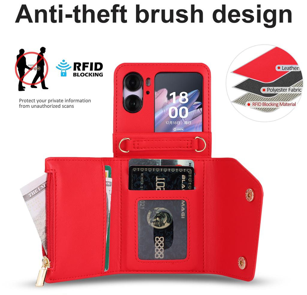 Multi-functional Crossbody Leather Zipper Wallet Cards Solt Case For OPPO Find N2 Flip 5G  Long Rope Lanyard Card Bag RFID Cover