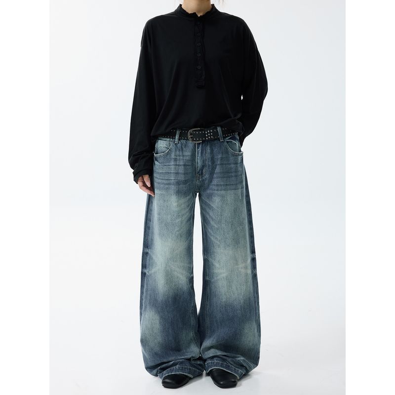 Blaexit American-Style Cleanfit Washed Whiskered A-Line Dark Blue Jeans Unisex Loose Straight Wide-Leg Pants