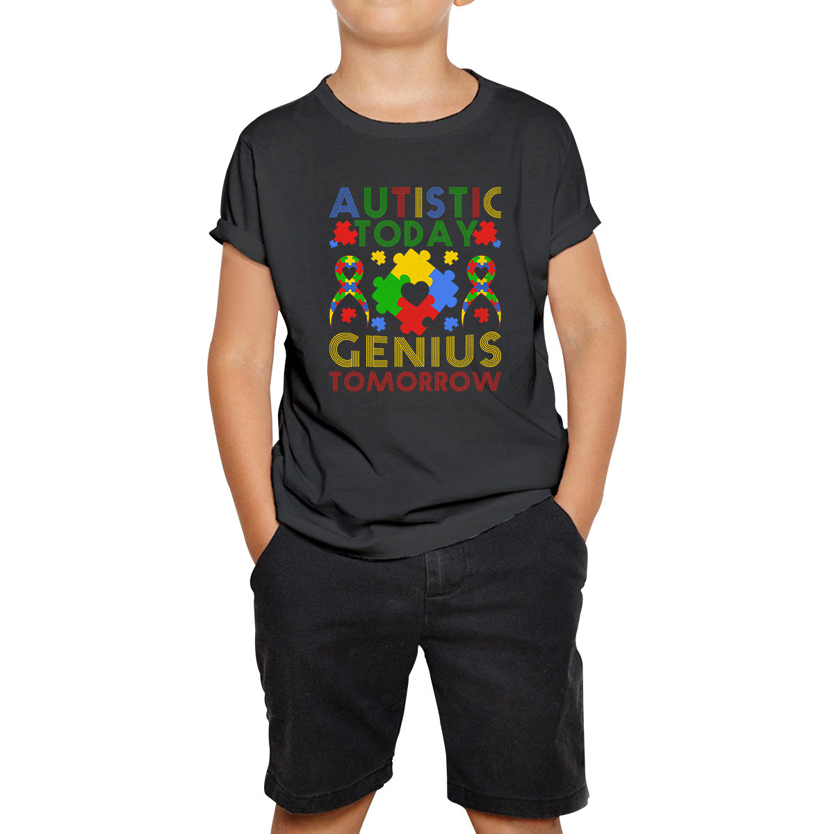 Autistic Today Genius Tomorrow Autism Awareness Puzzle Piece Inspirational Autism Quote Kids T Shirt 150