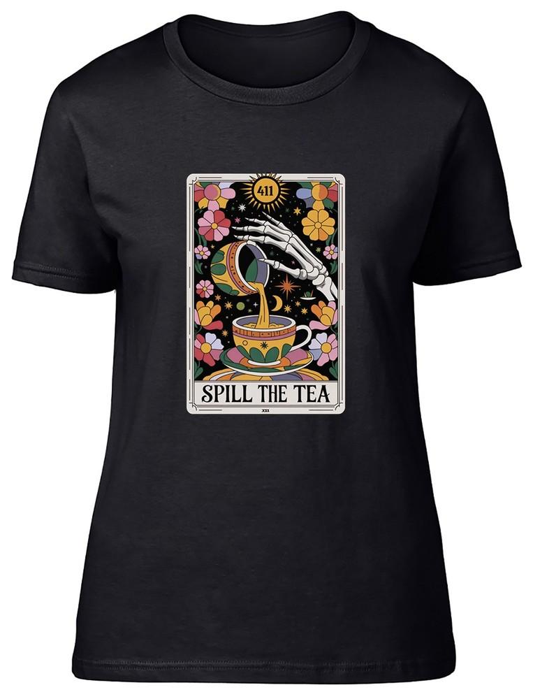

Spill the Tea Tarot Card Gothic Skeleton Hand Womens T-Shirt Ladies Gift Tee M