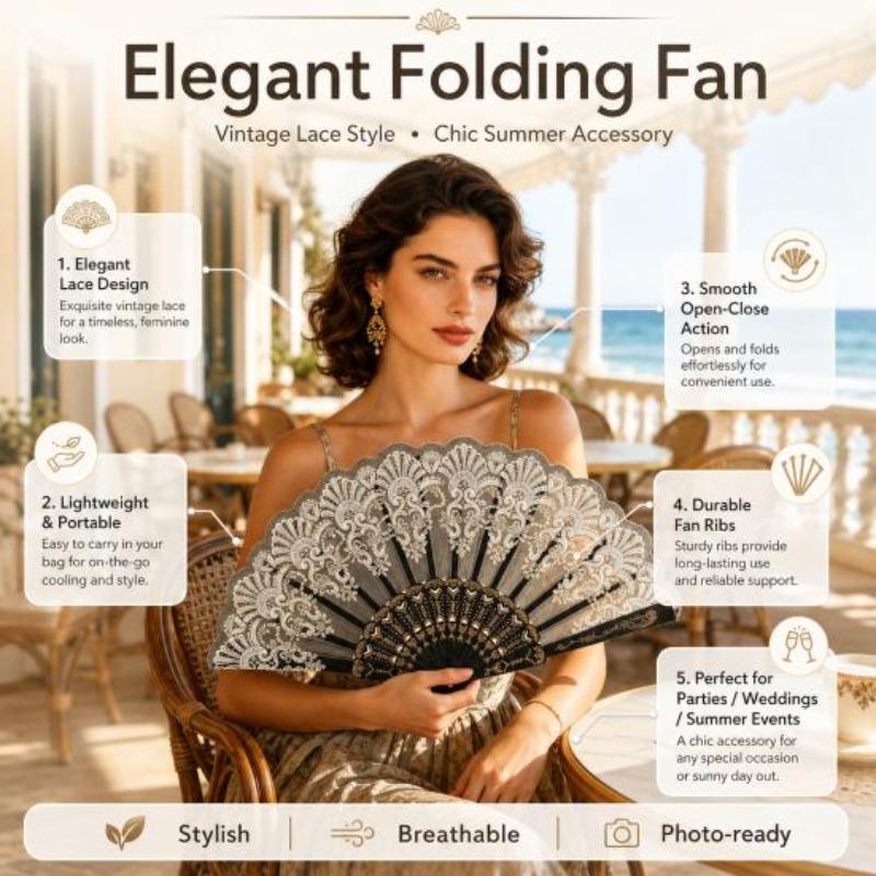 Vintage Folding Fan Carved Plastic Ribs Hand Fan Portable Summer Cooling Fan Wedding Dance Party Performance Supplies