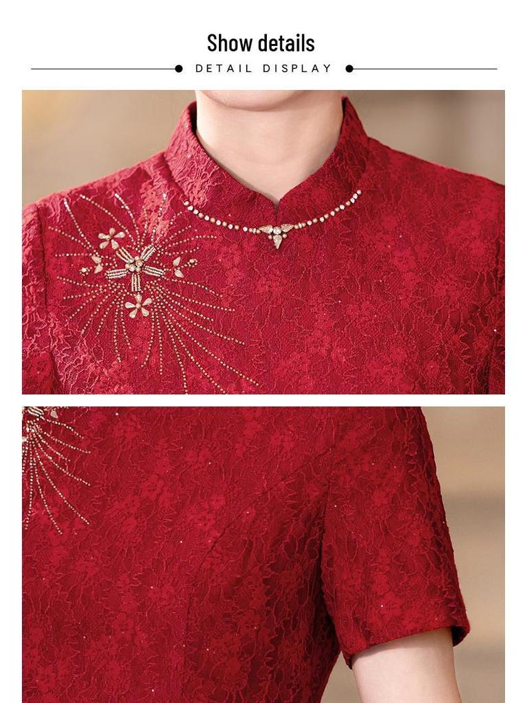 2025 Spring Red Lace Qipao: Young Plus Size Three-Quarter Sleeve A-Line Dress for Mothers at Wedding Banquets