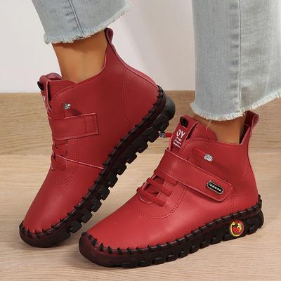 Fashion Pu Leather Red Boots Woman Soft Bottom Orthopedic Autumn Winter Shoes Women Plus Size Fleece Ankle Boots for Women Mom Moccasins