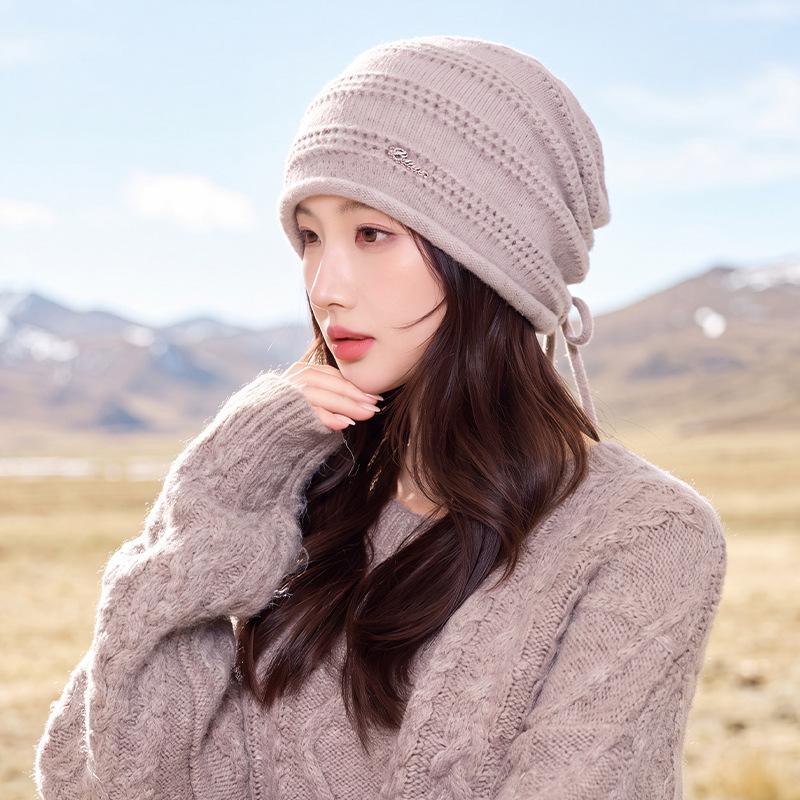 Women S Knit Slouch Beanie With Metal Tag Drawstring Warm Ear Protection Windproof Hat