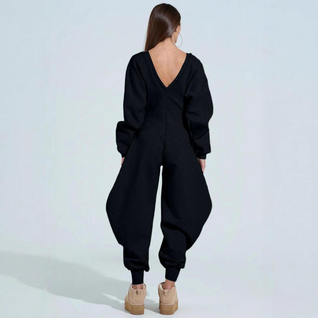 Damen einfarbiger Jumpsuit Schlaghose eng V-Ausschnitt sexy langärmliger Jumpsuit