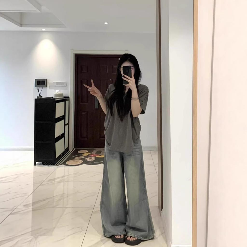 American V-neck gray front shoulder short-sleeved T-shirt women's summer new Korean loose lazy wind relaxation top