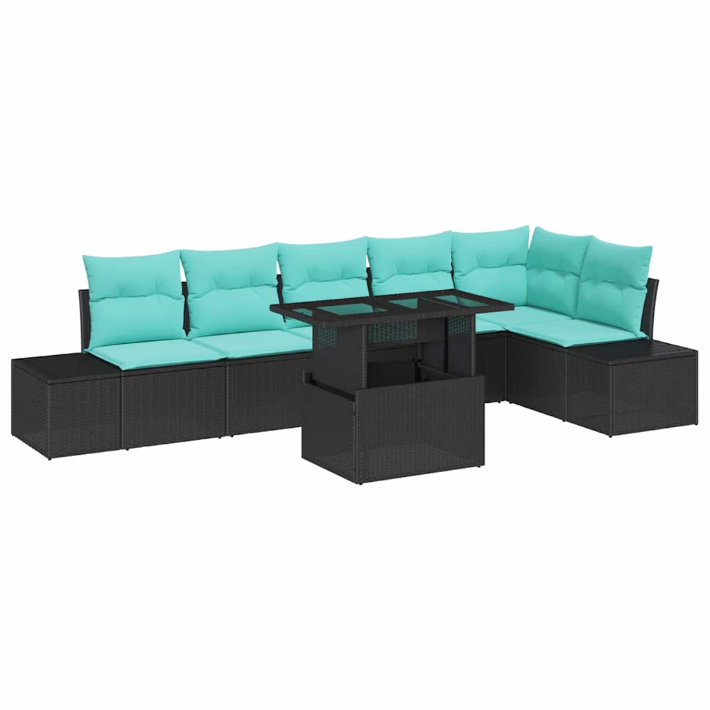 Garden Sofa Set with Cushions 7 pcs Black and Blue Poly Rattan