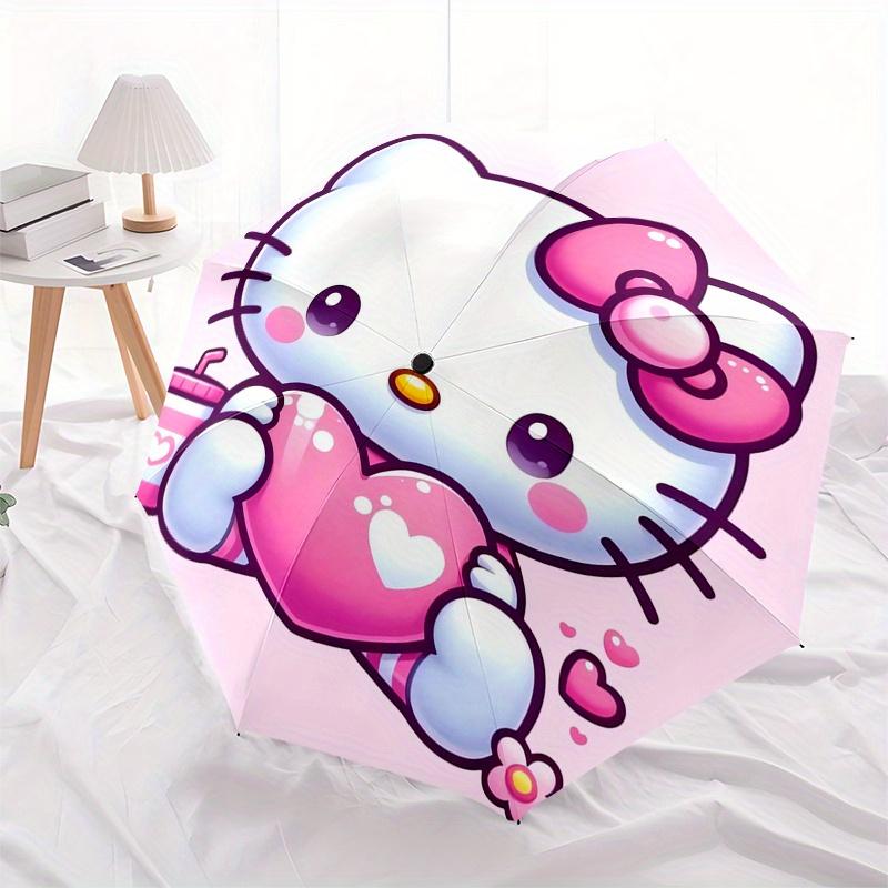Hello Kitty,Pink Heart Automatic Folding Umbrella-Simple 8-Rib Design, Bright Cartoon Pattern, Durable Iron Frame, Suitable For Travel, Outd