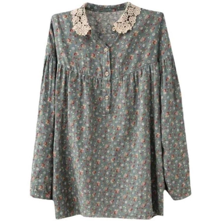 Vintage Künstlerischer Blumendruck Baumwoll-Leinen Bluse Damen Langarm Top Lässiges Hemd Spitze Patchwork Kragen Herbst Knopf Asiatische Größe