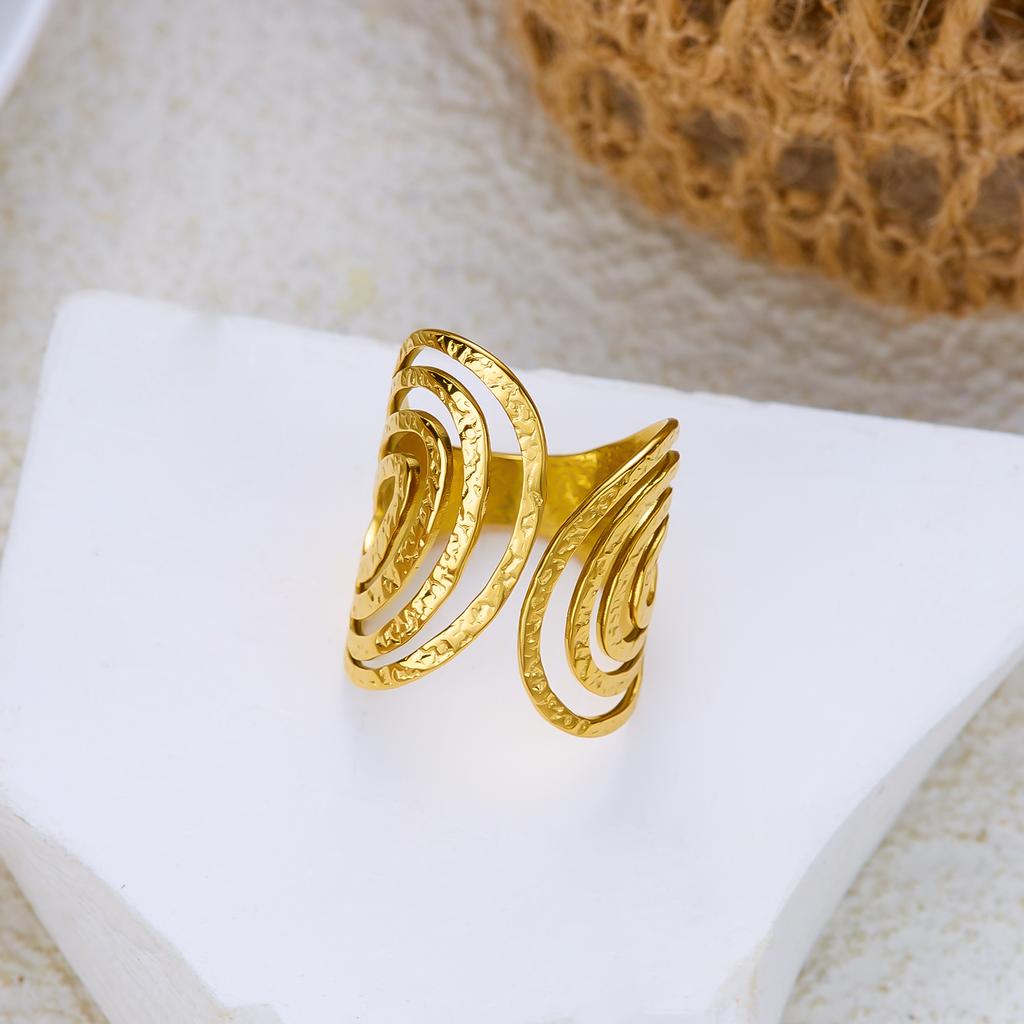 Stainless Steel Exaggerated Geometric Ring for Women Metal Texture Sun Flower Finger Ring Waterproof Antioxidant Jewelry Gifts