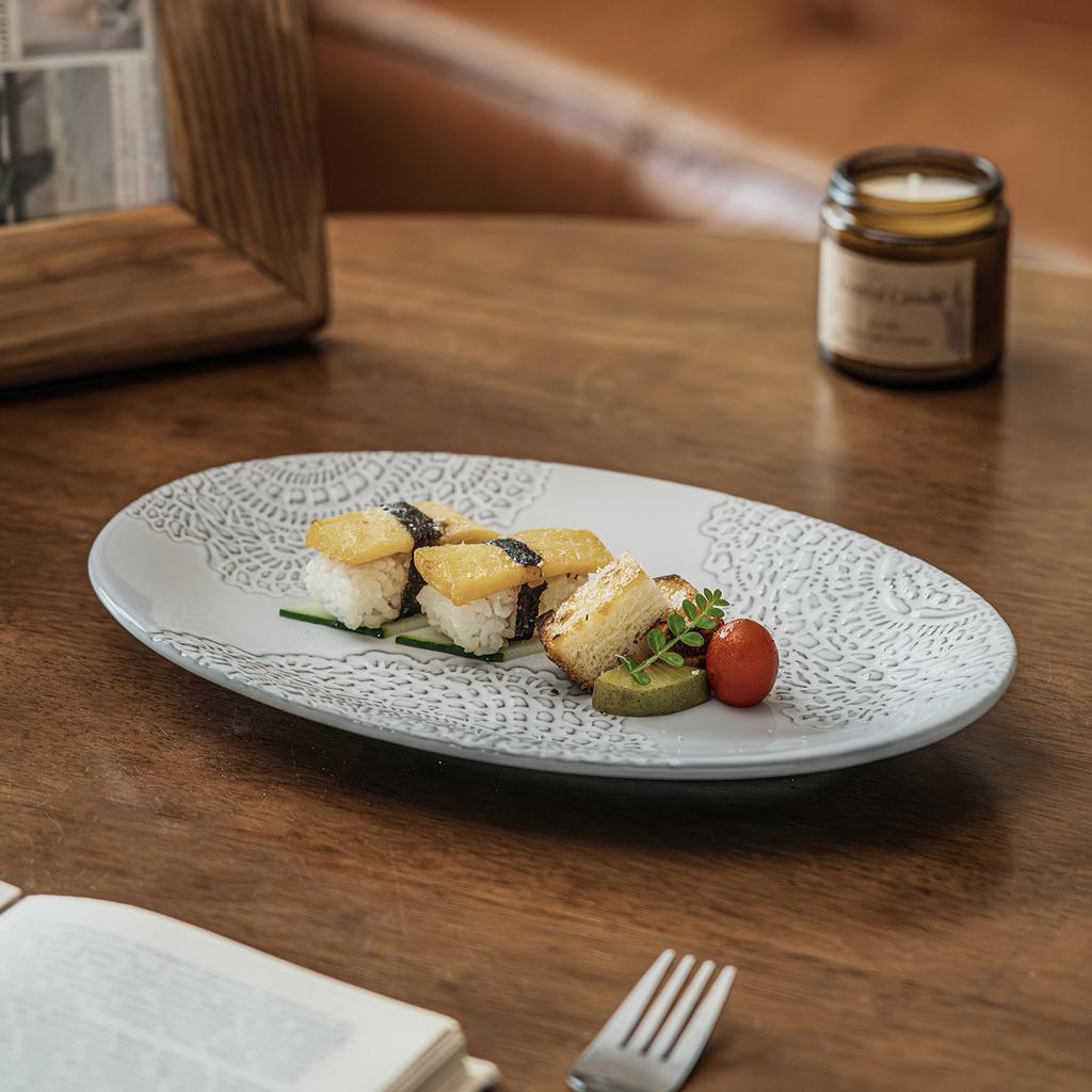 Retro Style Relief Pattern Ceramic Oval Plate Household Creative Large Fish Plate Tableware Plate Vegetable Plate