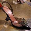 Bow Diamond Buckle Toe Sandals 2024 Summer New Sexy Leather Transparent Pointed Heel Stiletto Heels