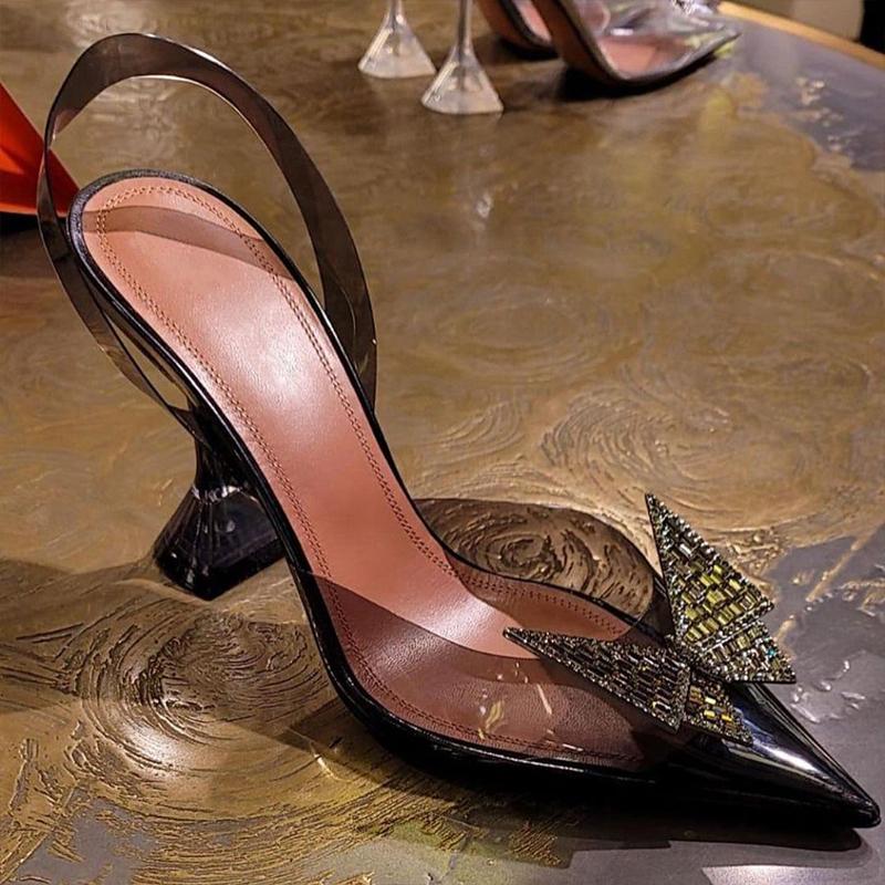 

Босоножки с пряжкой в виде банта и бриллианта, лето 2024 г., новые сексуальные кожаные прозрачные туфли на шпильках с острым каблуком 40