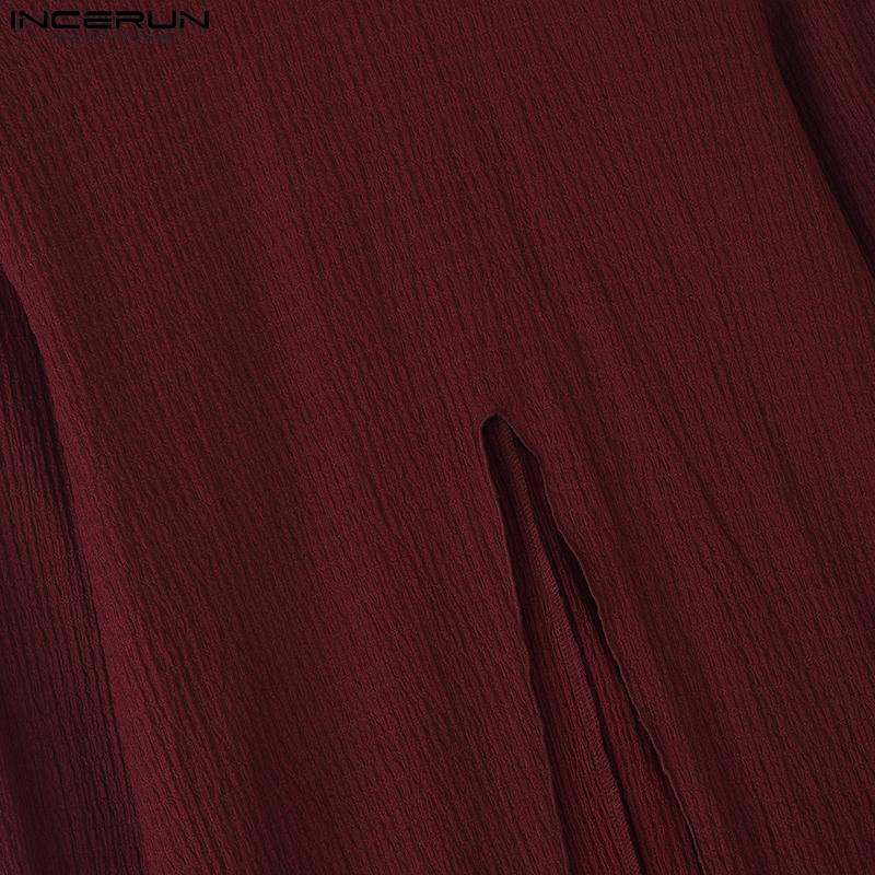 INCERUN Men Turtleneck Long Sleeve Texture High Splits Irregular Long Tunic Tops