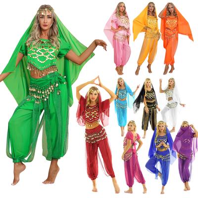 Kadın Bayan Göbek Dansı Kostümü Uzun Üst 4 Parça Set Cadılar Bayramı Partisi Cosplay Giydirme