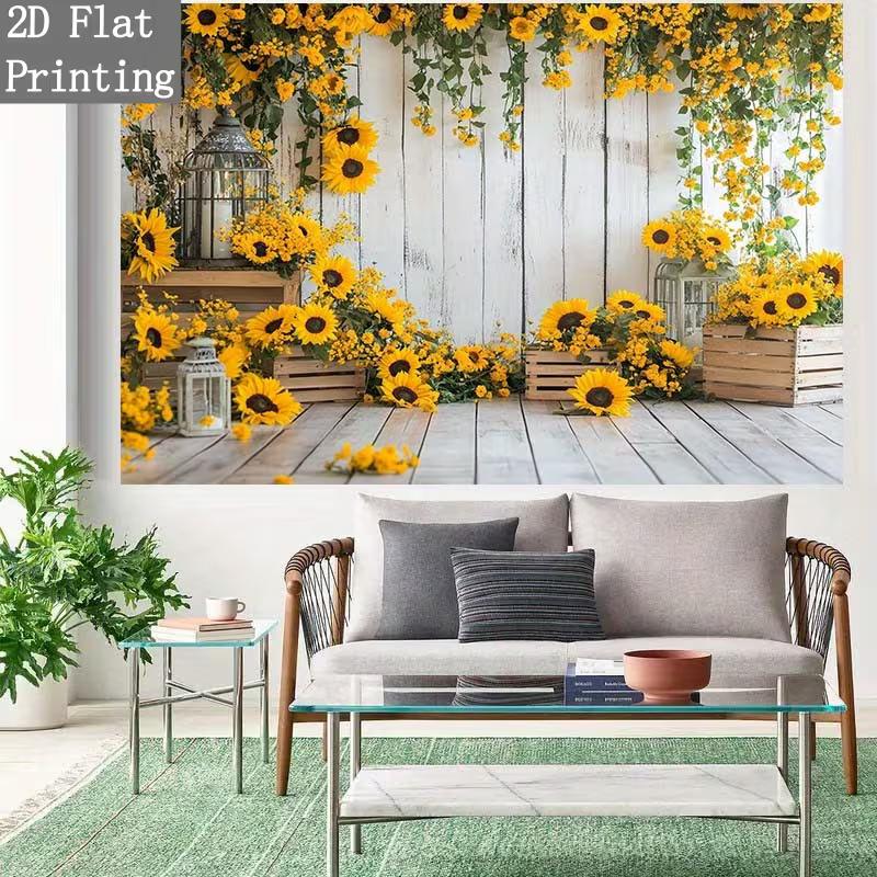 2D Yellow Sunflower Banner, White Wood Lantern Party Photo Booth Background