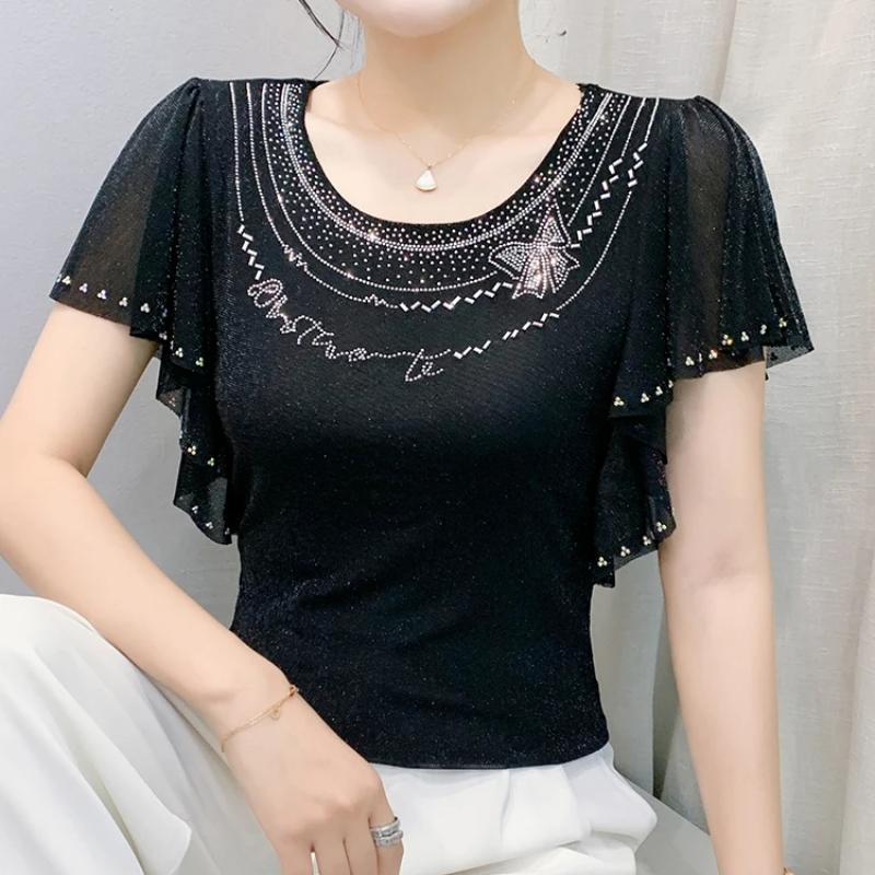 Summer New Elegant O-Neck Short Sleeved Mesh T-shirt Fashion Ruffles Hot Diamonds Women's Tees Chic Butterfly Sleeve Casual Tops