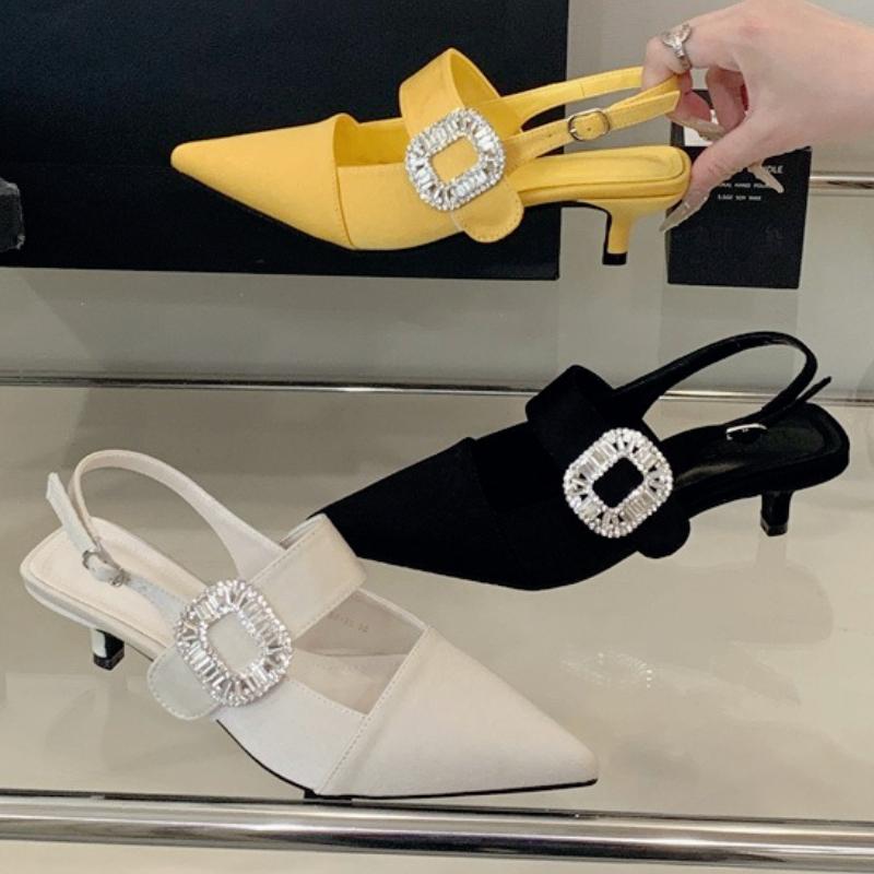 Fashion Luxury Rhinestone Buckle Shallow Pumps Women Pointed Toe Back Strap Kitten Heel Slide Sandals Fashion Elegant Party Dress Shoes