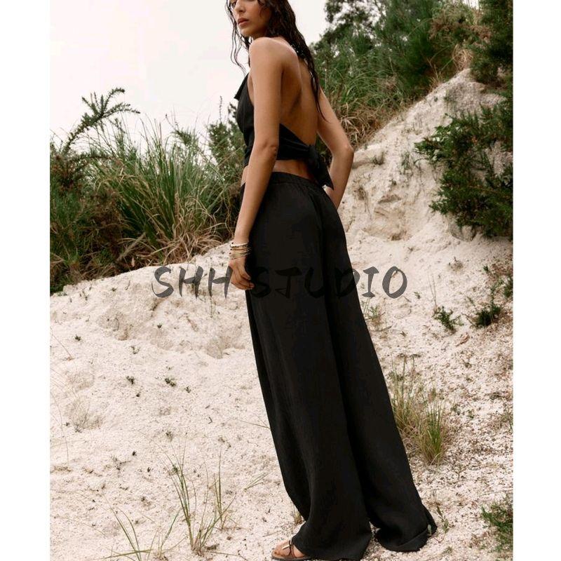 Hanging Collar Sleeveless Elegant Tops 3564127 Cross Waist Wide Leg Comfort and Casual Pants 3564128