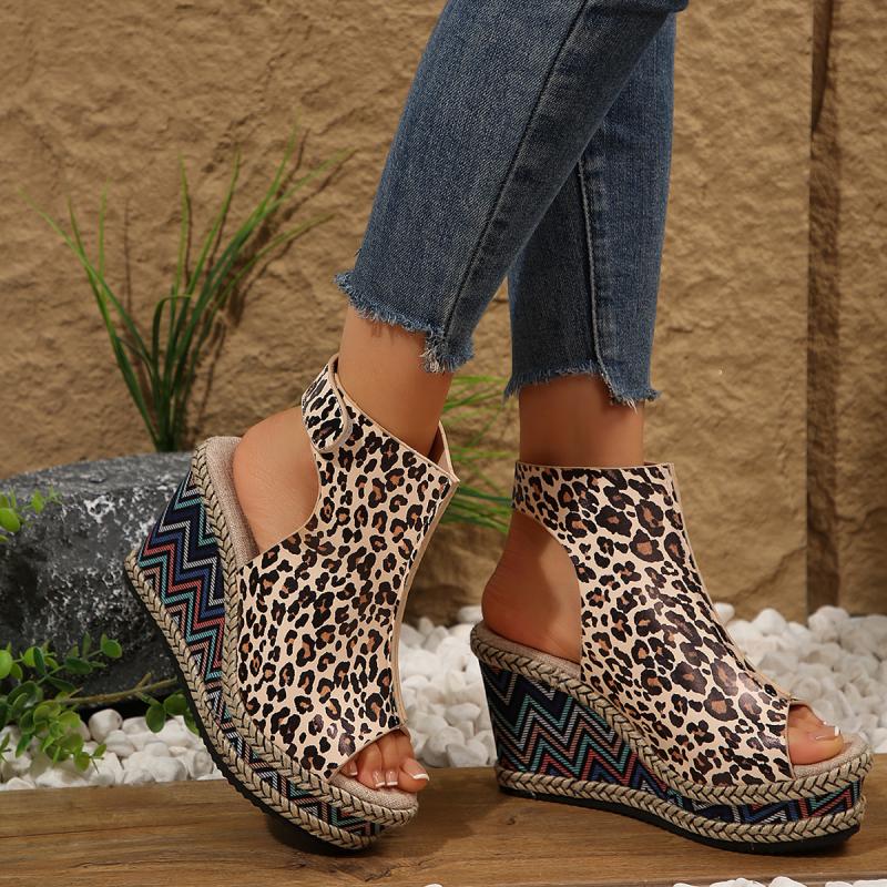 Fashion Sexy Leopard Super High Heel Sandals Women 2025 Summer Bohemia Chunky Platform Wedge Heel Velcro Sandals Fashion Beach Shoes