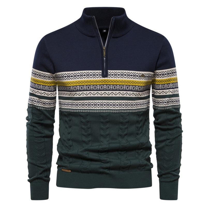 New Autumn and Winter Stand-up Collar Men's Sweater Half-zip Cotton Men's Patchwork Casual Sweater