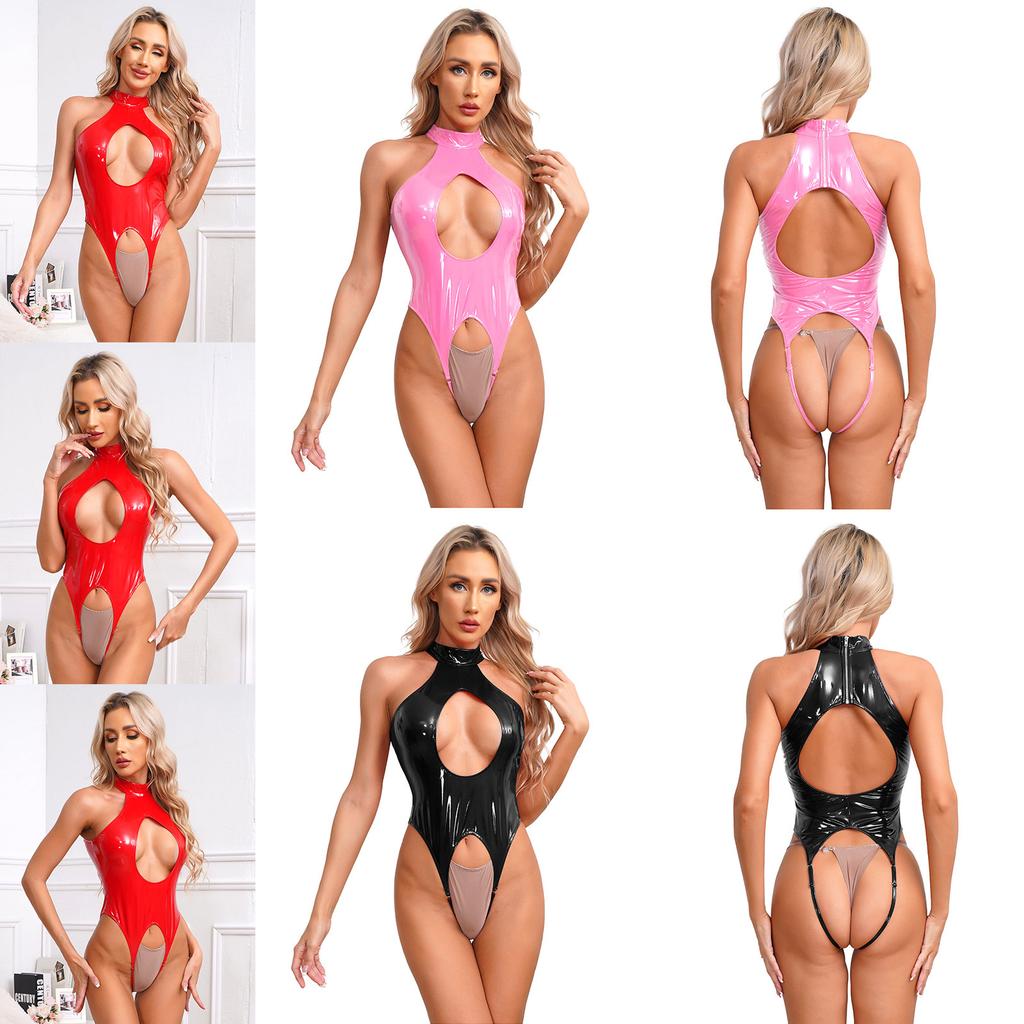 Nass-Look Lackleder Catsuit für Damen S-4XL Stehkragen Ärmellos Verlockender Cut-Out Schrittfreier Overall Nachtwäsche Dessous