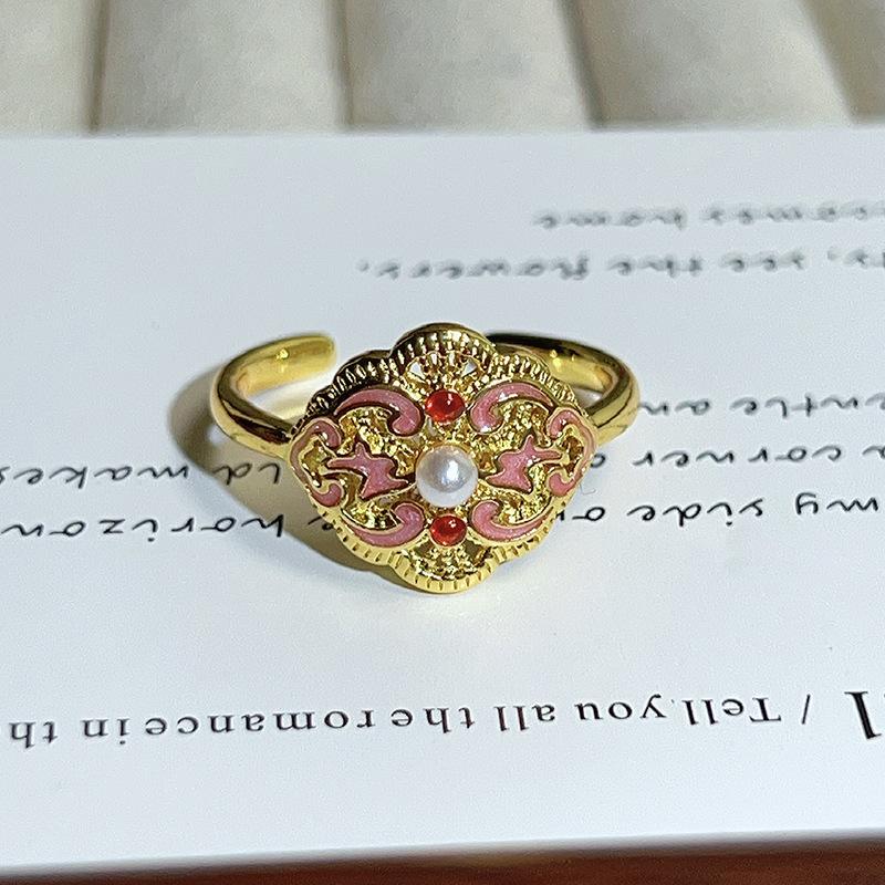 Medieval Vintage Stackable Ring Oriental Aesthetics Pavilion Peony Enamel Open‑Adjustable Niche New Chinese Style Fashion Jewelry