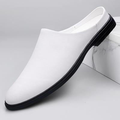 White Leather Half Shoes for Men Black Mules Backless Loafers Slippers Semi-Drag Casual Shoes Closed-toe Sandal Slip On Flats
