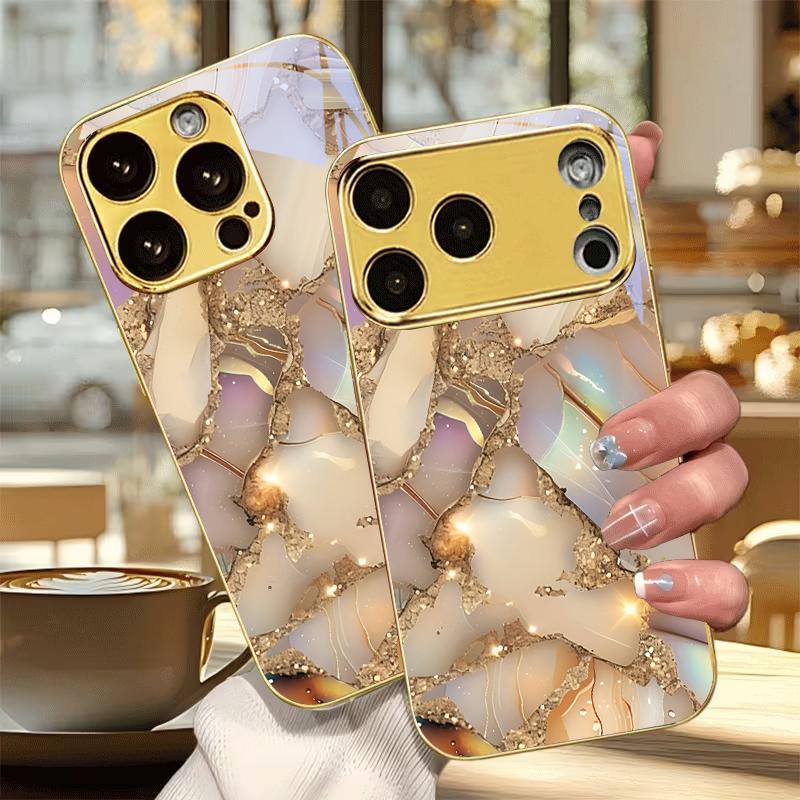 Pastel Broken Gemstone Electroplated Golden Phone Case For iPhone 17 16 15 14 13 12 11 Pro Max Plus 16E 17Air 7 8 X Glass Cover