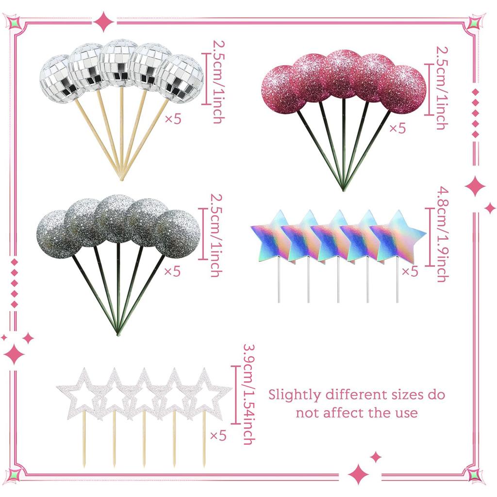 Discokugel Kuchenaufsatz Dancing Queen Kuchenaufsatz Silberne Kuchenkugeln mit Sternen für Partyzubehör mit 70er-Jahre-Thema