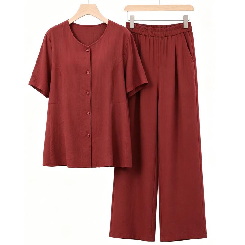 Women's Plus Size 2-Piece Outfit, Short Sleeve Button Top & Wide Leg Pants Set (3XL-7XL)