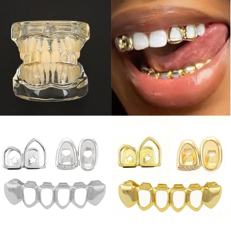 DIY Glossy Teeth Grillz Hip Hop Gold Silver Color Top Bottom Tooth Caps For Women Men Jewelry Halloween Cosplay Gift