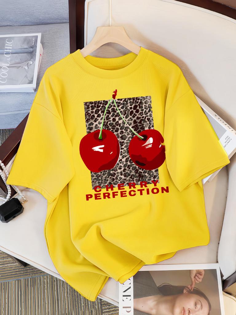 Fashion Leopard And Cherry Perfection Pattern T Shirt Women Summer Soft Tops Cotton All-Match Short Sleeve O-Neck Loose T-Shirts