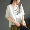 Cotton and Linen T-shirt Top Women's Summer New Loose Round Neck Breathable Thin Print Artistic Retro Short Sleeved Women's Top