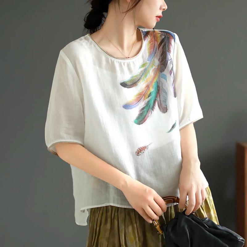 Cotton and Linen T-shirt Top Women's Summer New Loose Round Neck Breathable Thin Print Artistic Retro Short Sleeved Women's Top