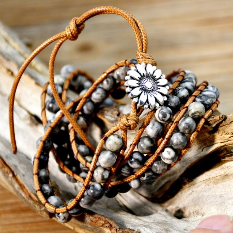 GemChic Women's Ethnic Weave Rope Multilayer Stone Beads Alloy Sunflower Bracelet Classical Retro Birthday Christmas Jewelry Gift
