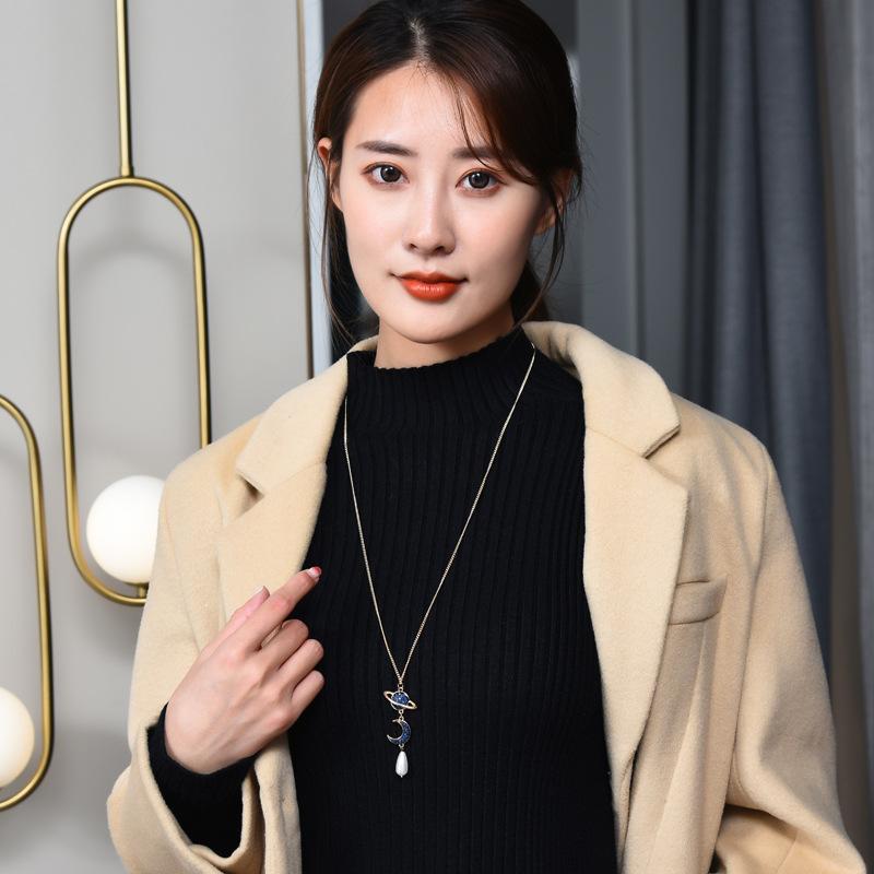 Cold Wind Sweater Chain Star And Moon Cherish Pearl Water Drop Long Necklace Women'S Accessories