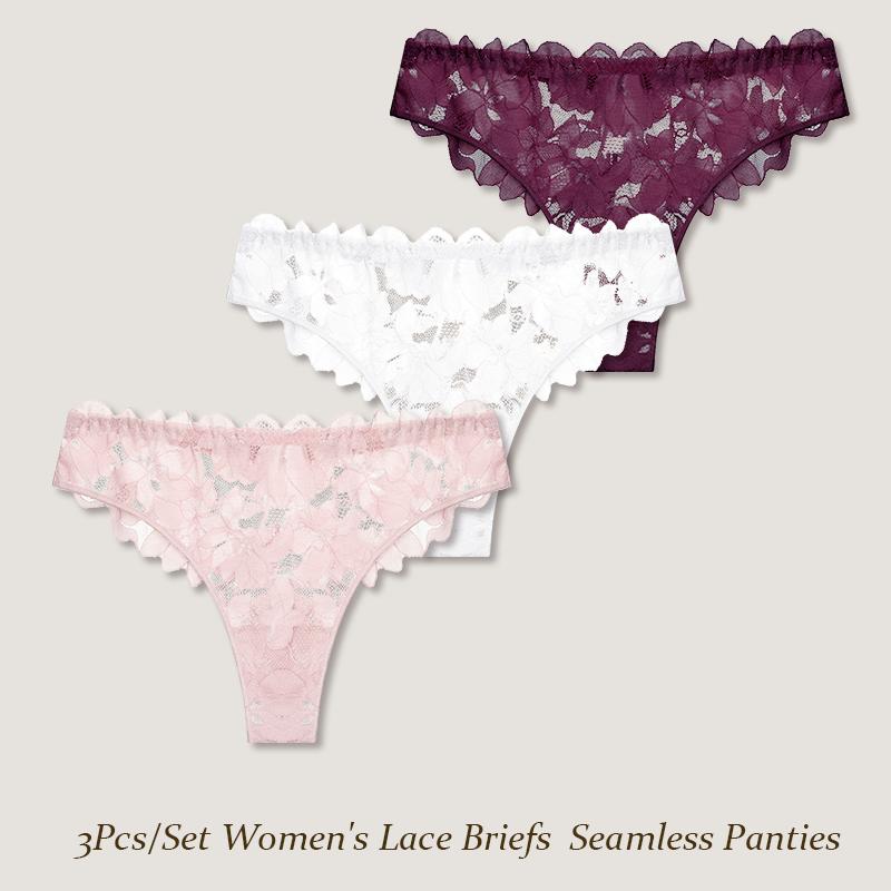 FINETOO 3Pcs/Set Women's Lace Briefs Women Seamless Panties Solid Color Breathable Underwear Female Low Waist Soft Lingerie S-XXL
