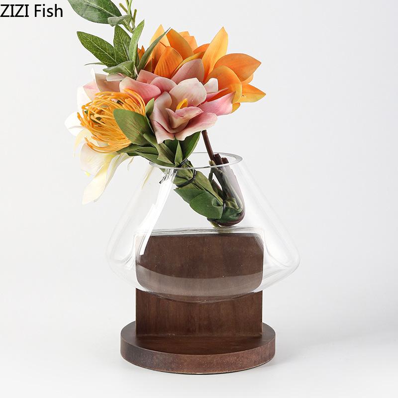 Creative Transparent Glass Vase Solid Wood Base Plant Pots Table Decoration Flower Arrangement Floral Vases Room Aesthetic Decor