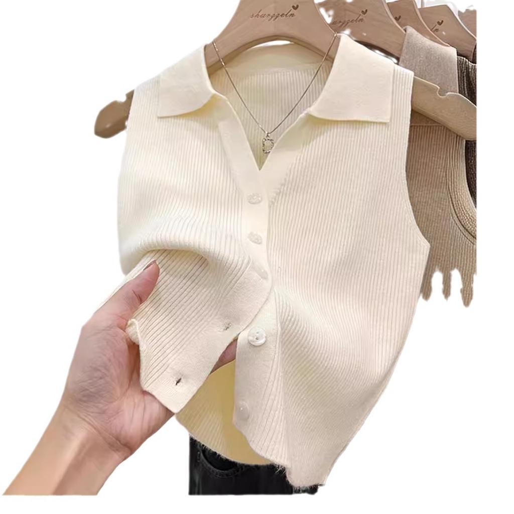 Polo lapel thin slim sling outer vest women's summer chic ice silk knitted vest sleeveless small top