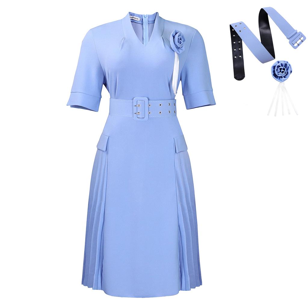Women's new fashion temperament V-neck solid color large size pleated high waist dress