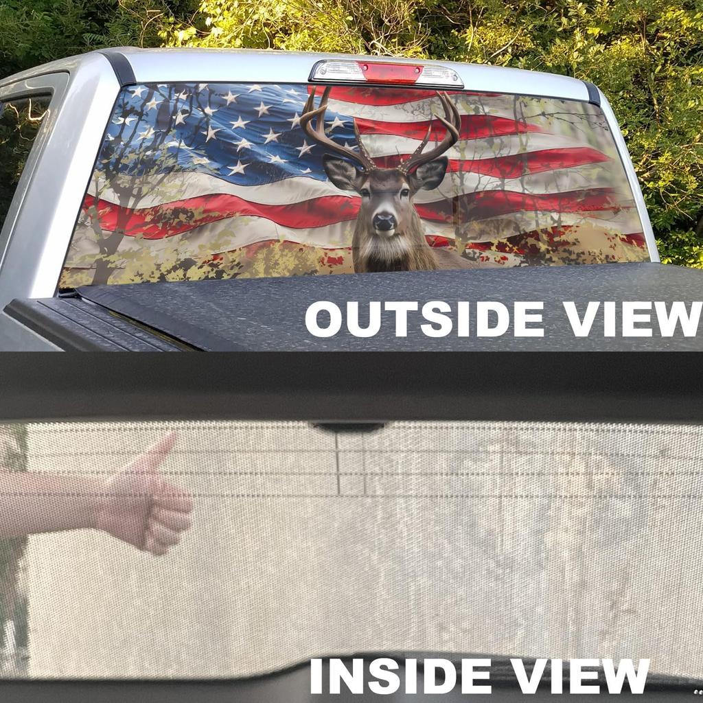 American Flag Truck Rear Window Decals - Deer Perforated Vinyl See-Through Stickers, Gifts For Men, Dad, Boyfriend, Truck Owners, Easy To Tall, UV