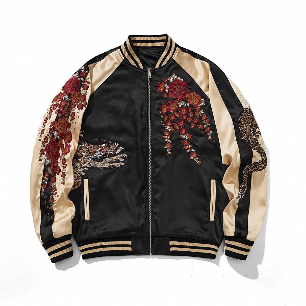 East Rain Sukajan Yokosuka Jacket - Twin Dragons & Peony Embroidery Khaki L