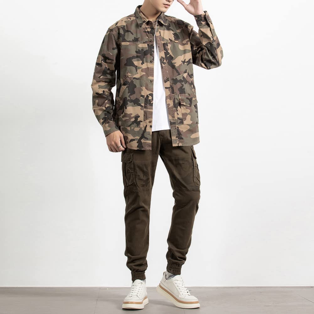 Netero Maskáčové Dlouhé Vojenské Maskáčové Cargo Army s Pánskou Košilí, Rukávem, Bavlnou, Košile, Styl, Neformální, Styl, Kapsy, Khaki,