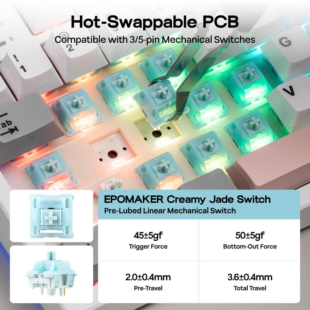 EPOMAKER TH87 Kabellose Mechanische Tastatur mit 10000mAh Benutzerdefinierter PBT RGB Gasket TKL Gaming Kompatibel Jade Akku, BT/2.4GHz/USB Kabelgebunden, Tenkeyless,