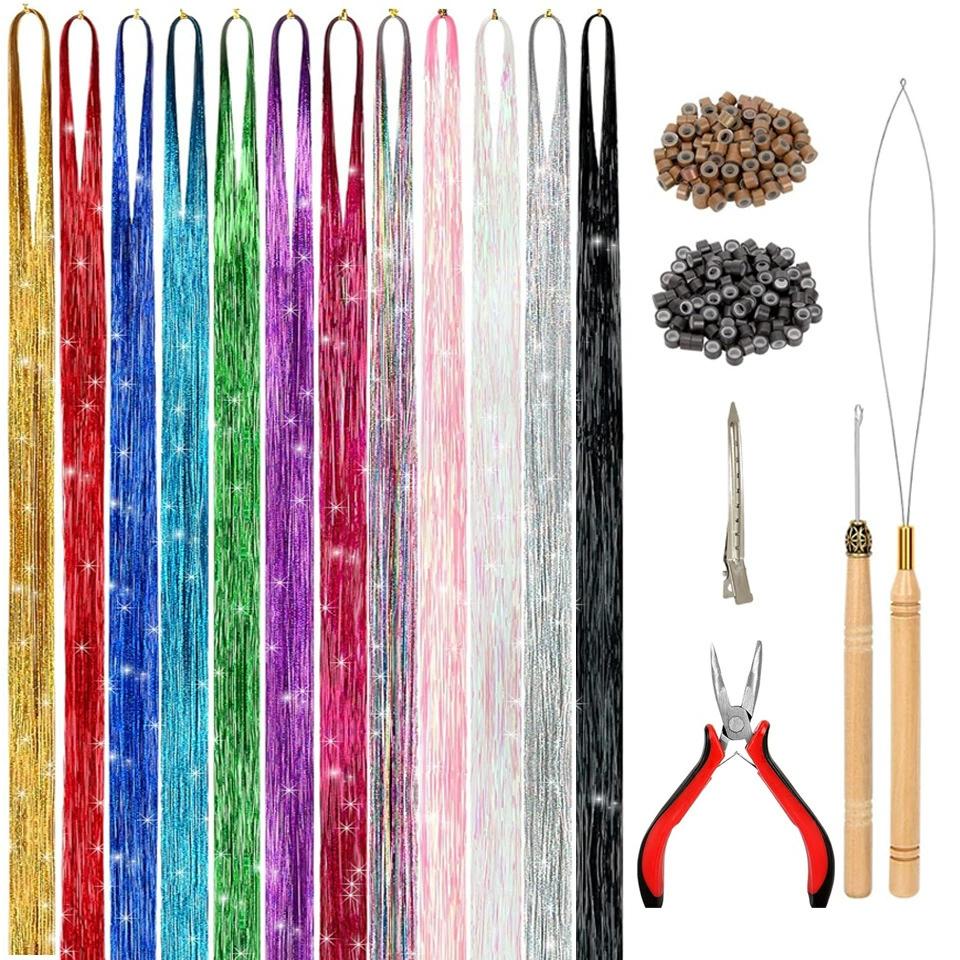 48 Inch Synthetic Hair Tinsel Kit With Tool Tinsel Hair Extensions 12 Colors Fairy Hair Tinsel Sparkling Shiny Hair