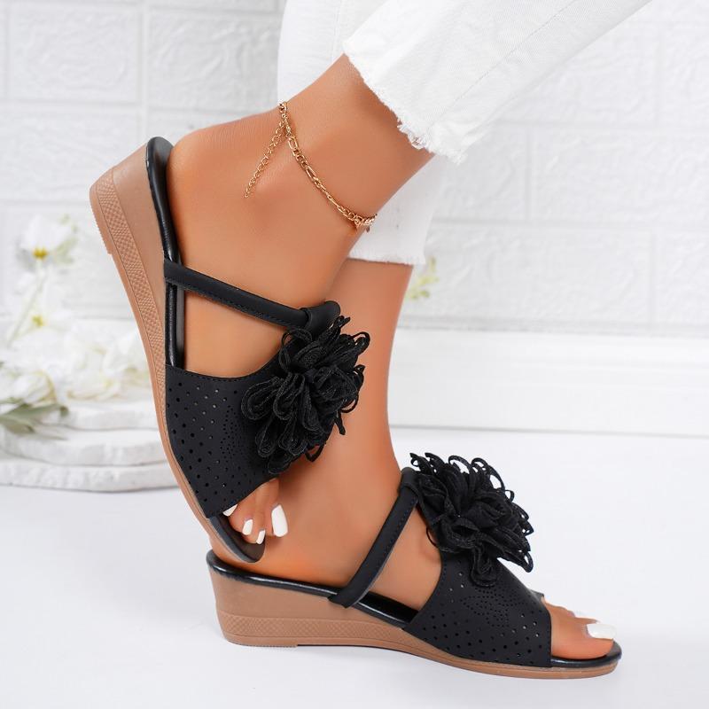 Fashion Womens Shoes Sale 2024open Toe Ladies Slippers Summer Flowers Breathable Solid Color Casual Beach Wedge Heel Large Size Slippers