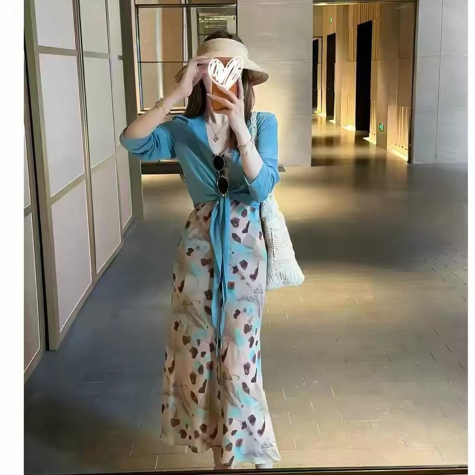 Summer vacation style floral long-sleeved shawl suspender dress women's two-piece long dress new thin temperament skirt