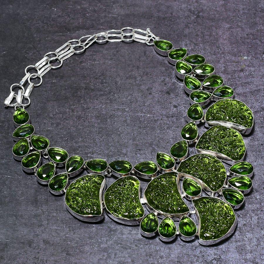 Moldavite Naturelle, Péridot Argent Sterling 925 Bijou Collier 18" S4D06